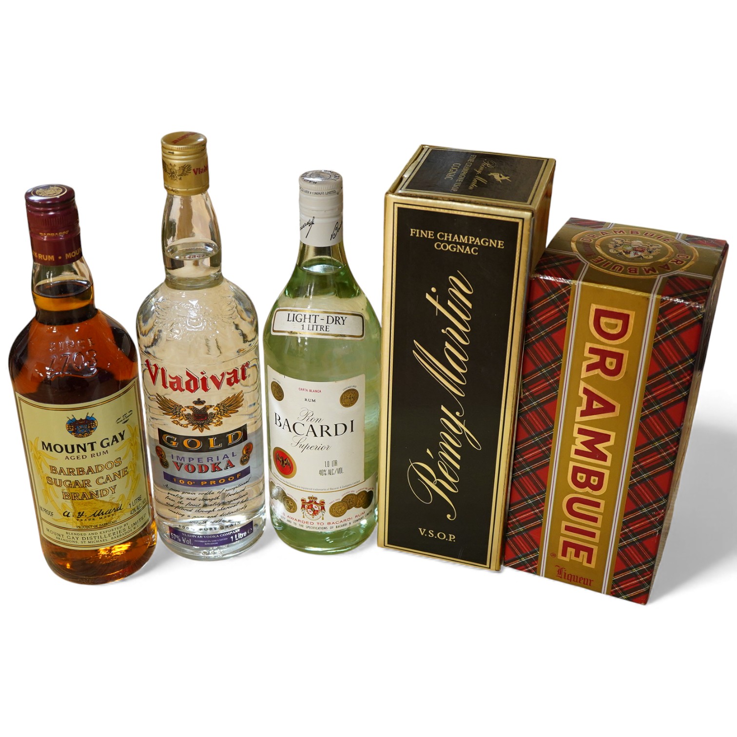 Five bottles of spirits including; Drambuie, Mount Gay Aged Rum, Bacardi, Vladivar Vodka, and Remy Martin Champagne Cognac